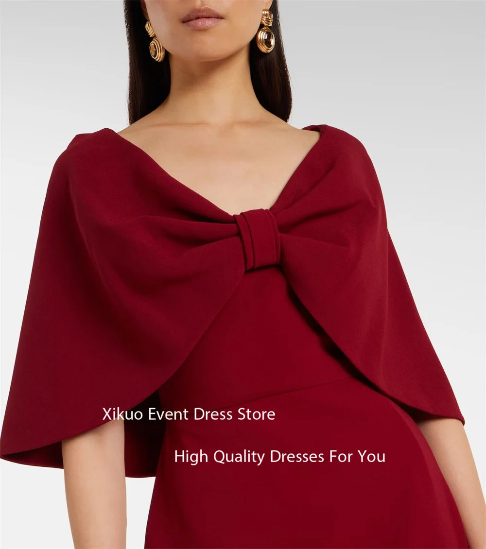 Xikuo Burgundy V Neck Evening Dresses Half Sleeves Bow Mermaid Prom Gowns Floor Length Pleated Sukienka Wieczorowa Customized