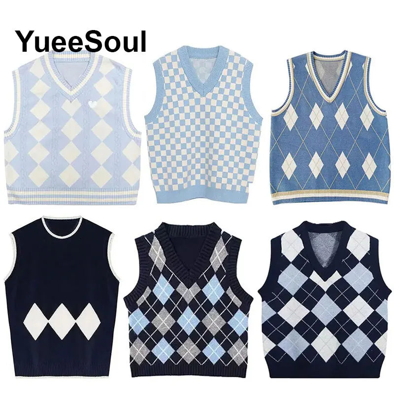Blue Argyle Women's Vest Plaid Sleeveless Pullover Loose Knitted Sweater Vest 2026 New Autumn Y2K Casual Oversized Waistcoat