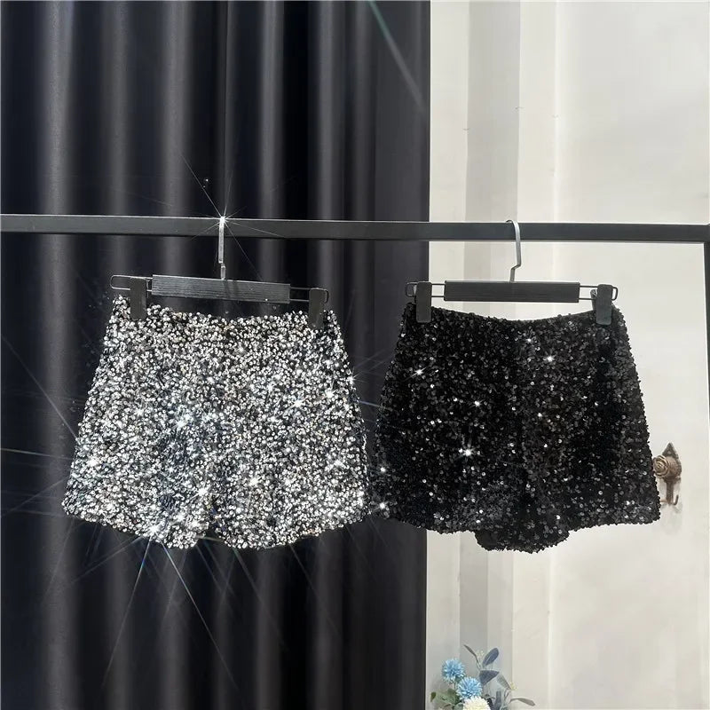 2025  Noir Velours Shorts Femmes Paillettes Brillant Polyvalent Pantalons Courts Clubwear Shorts Pantalons Chauds Haute Rue