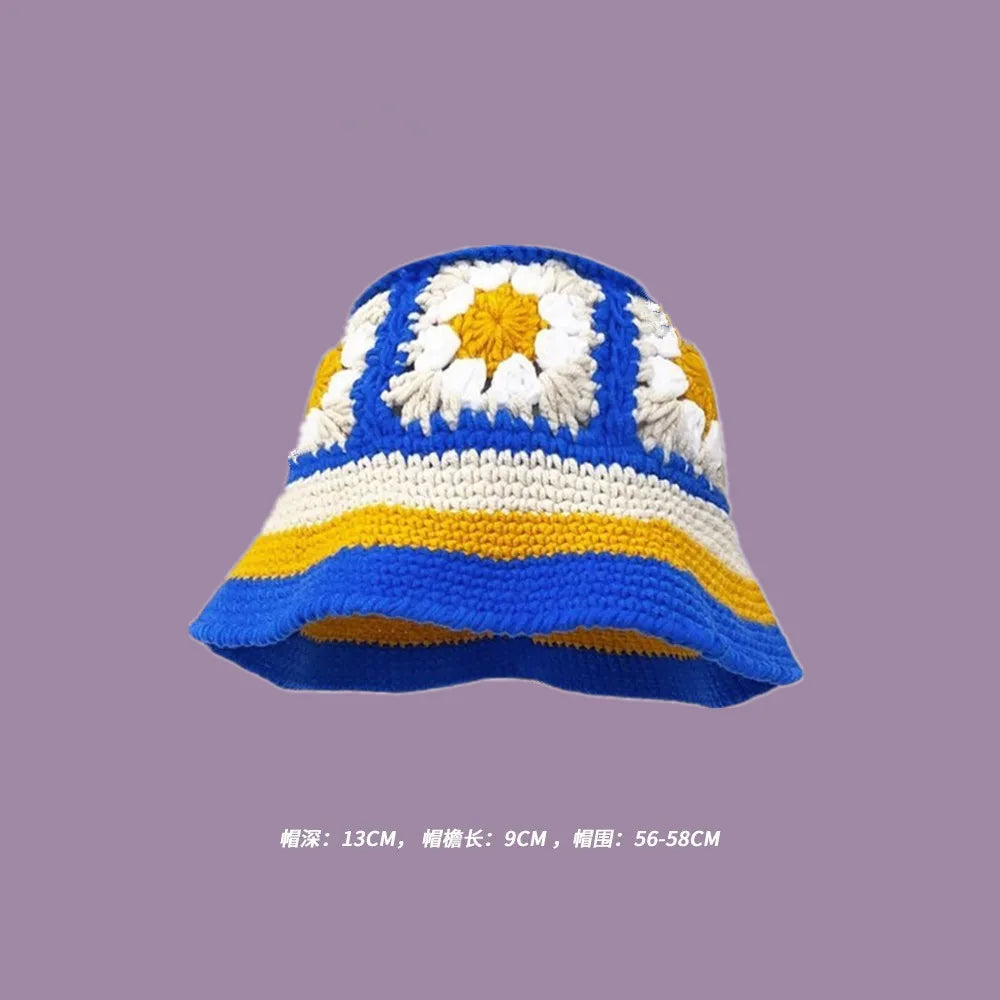 2023 Autumn New Crochet Korean Handmade Bucket Hat Women Weaving Knitted Hat  Fashion Flowers Autumn Winter Beanies Basin Cap