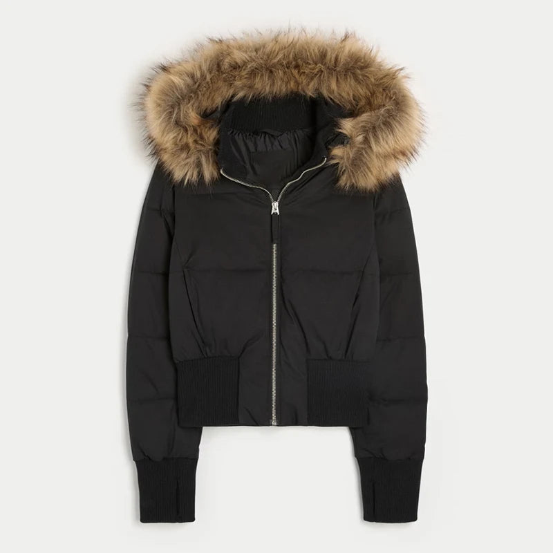 Chic Full Sleeve Zipper Pocket Cropped Jacket Fashion Women's Faux Fur Hooded Quilted Coat 2025 Winter New Lady Padded Outerwear