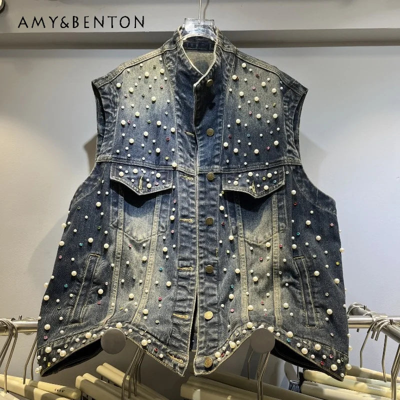 2026 Summer New Popular Women's Luxury Rhinestone Denim Vest Loose Slim Sleeveless Layering Fashion Waistcoat Top Y2k Clothes