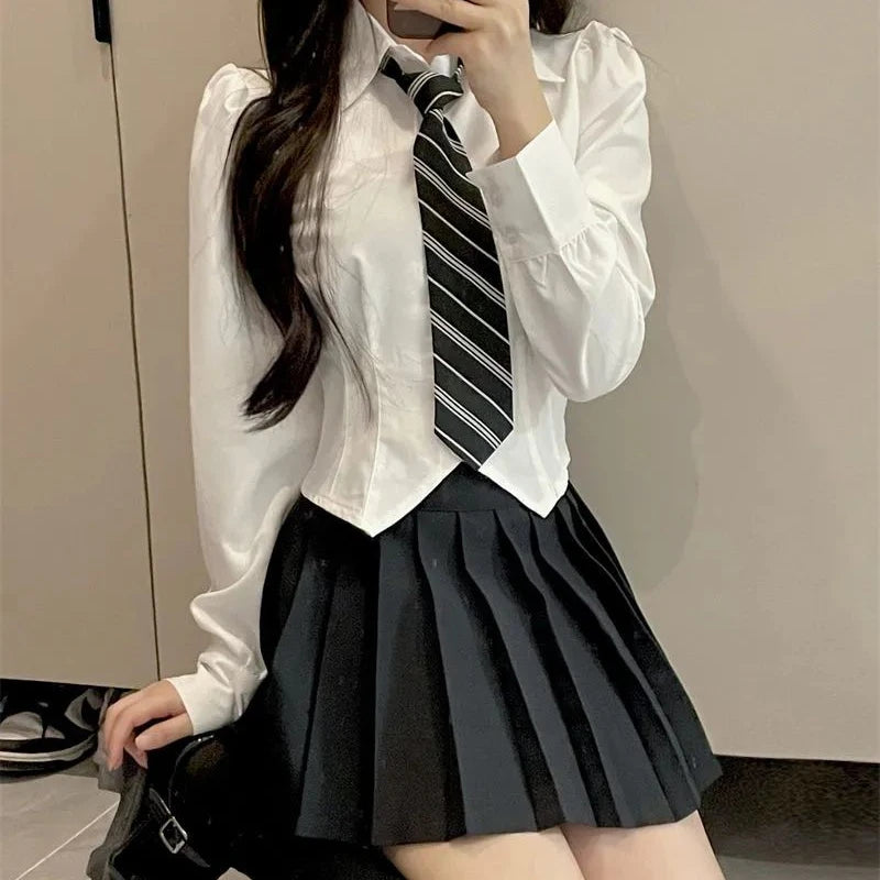 2026 JK Uniform Women Suits Hot Girls New Solid Slim Long-sleeved Blouse + White Skirt Woman