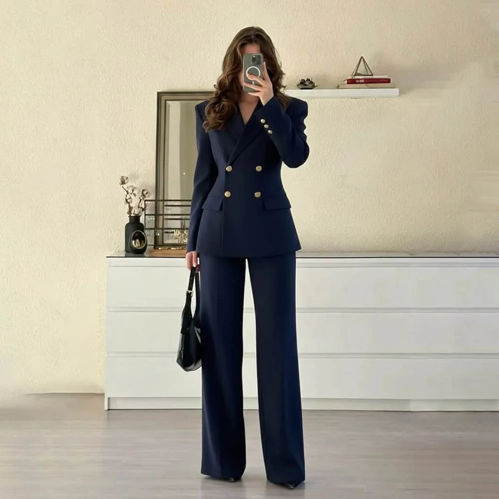 Navy Blue Women's Suit Two Piece Double Breasted Blazer and Pants Elegant Formal Business Office Fashion Casual Ladies Outfit