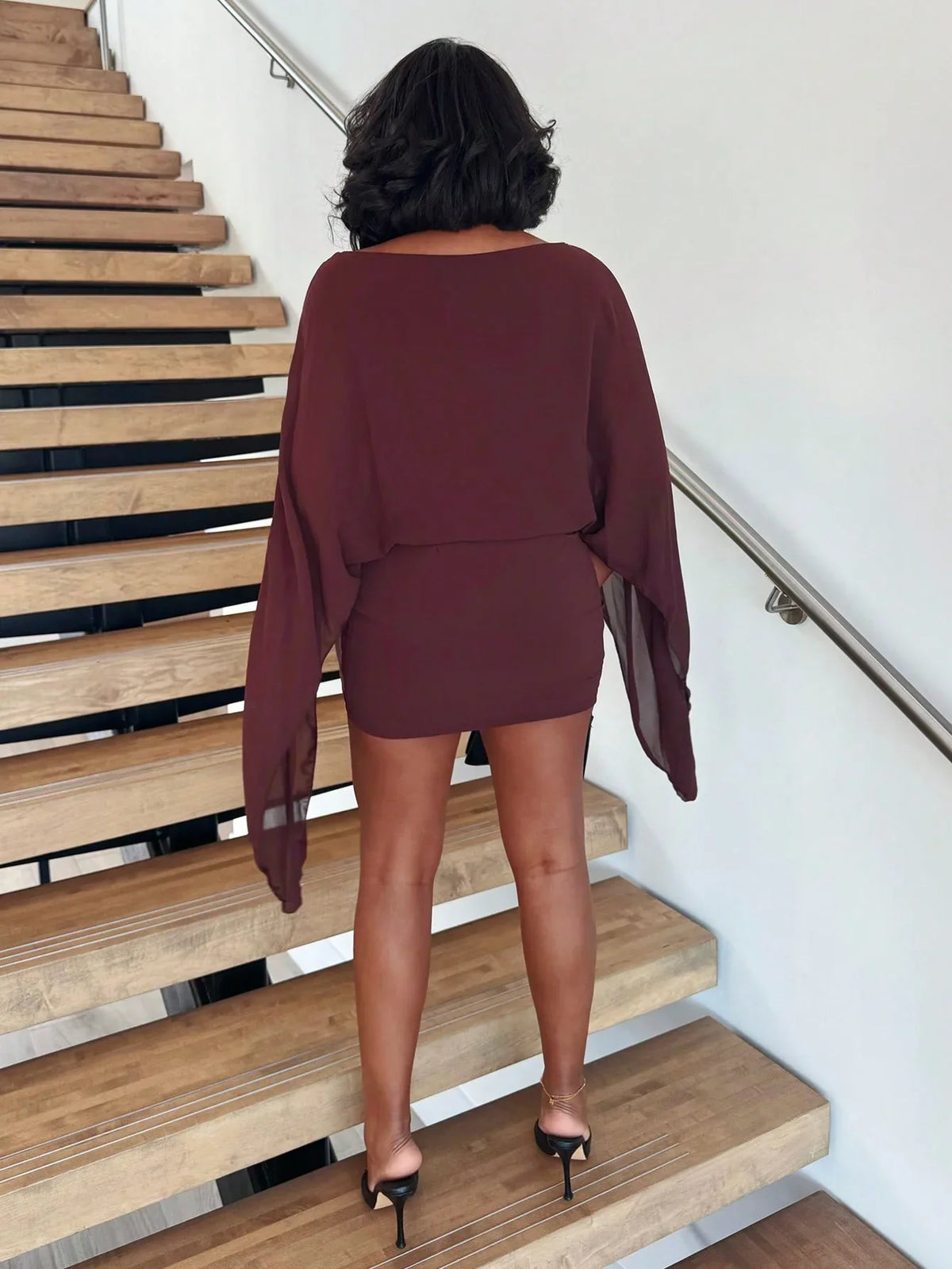 Draped Batwing Sleeve Slash Neck Ruched Waist Tie A-Line Mini Dress | Inspired by Beren Saat
