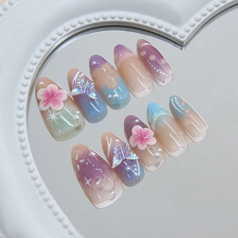 24PCS Sweet Purple Gradient French False Nails with Glue 3D Flowers Butterfly Ripples Almond Press on Nails Aurora Nails Patches