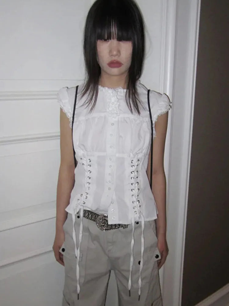 Y2k Aesthetic Ladies Single Breasted Tops Harajuku Vintage Bandage Grunge Shirt Women Lace Patchwork Slim Sweet Cropped Blouse