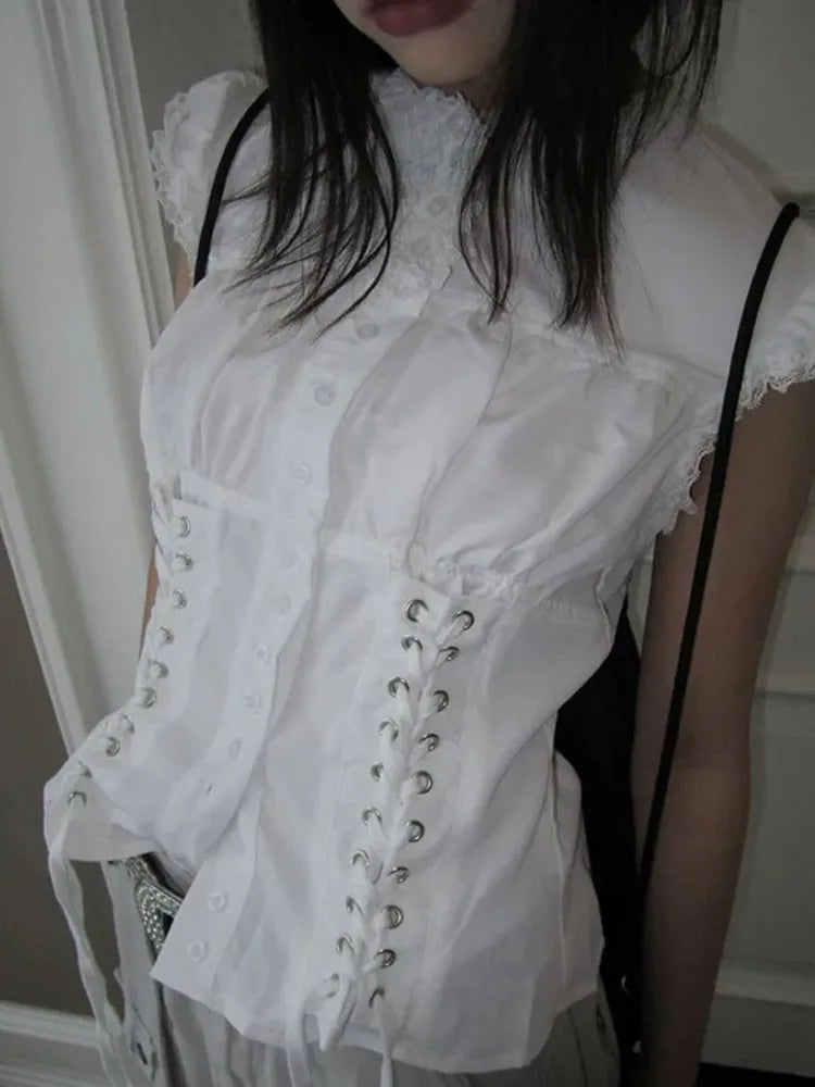 Y2k Aesthetic Ladies Single Breasted Tops Harajuku Vintage Bandage Grunge Shirt Women Lace Patchwork Slim Sweet Cropped Blouse