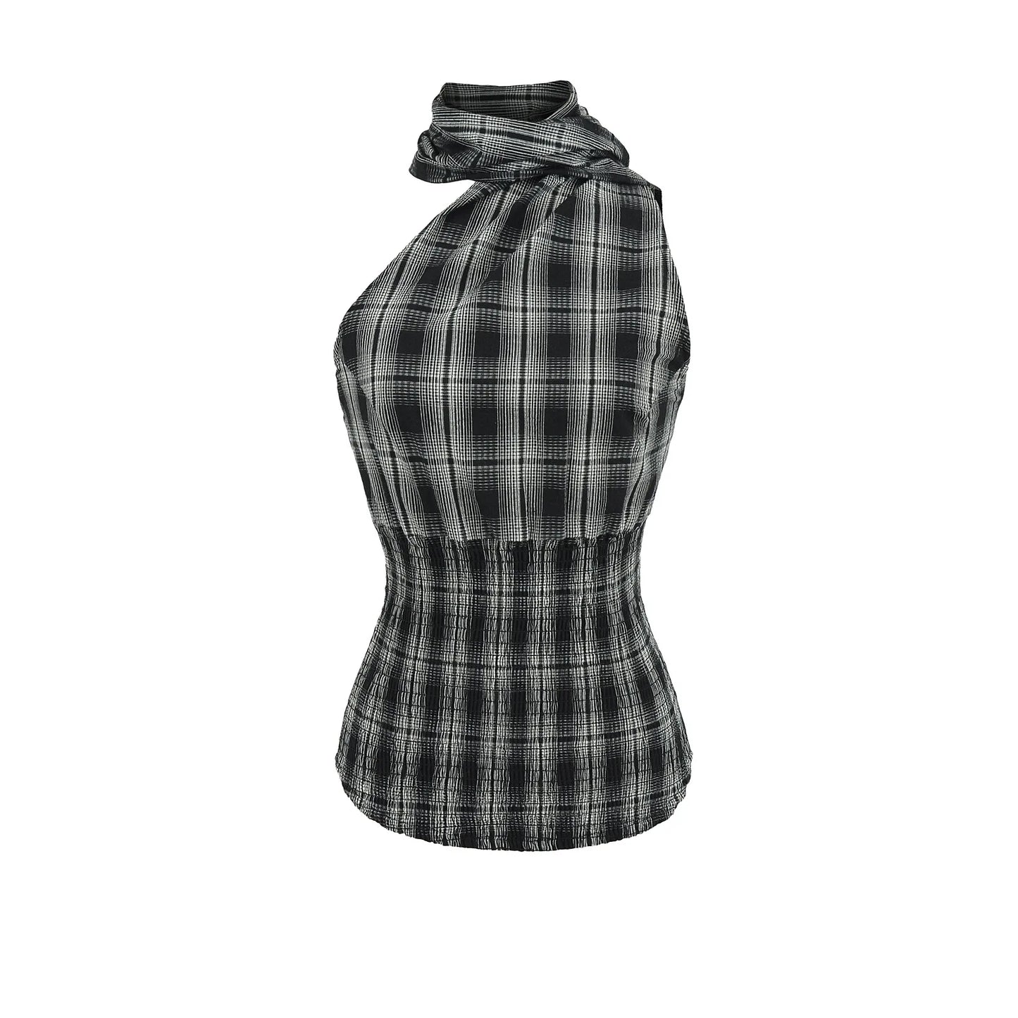 KADUWAKI Summer Plaid Printed Hanging Neck Sloping Shoulder Lace Up Slim Fit Top Khaki Mini A-line Fluffy Skirt 2-piece Sets Y2k