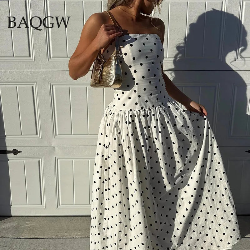 Vintage Dot Printing Slimming Long Dresses for Women Square Collar Sleeveless Backless High Waist Elegant Dress Female Style New