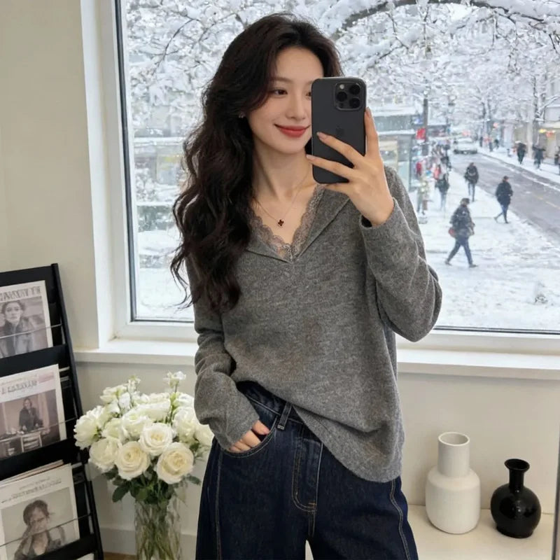 Women V Neck Lace Splice Knit Top Loose Long Sleeve Soft Casual Pullover Sweater Tops