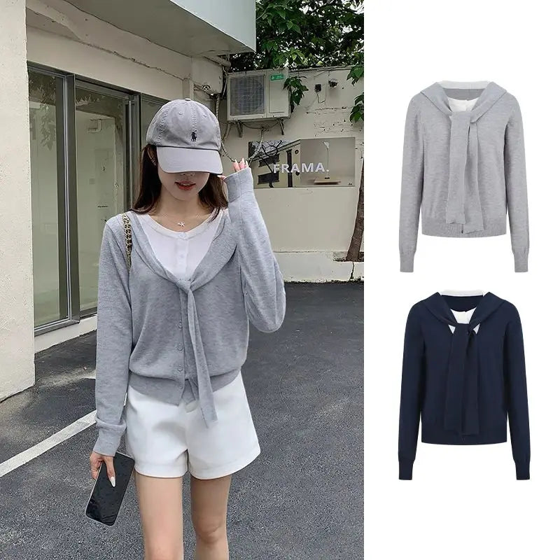 Women Korean Contrast Fake Two Piece Knit Top Autumn Tie Sailor Collar Long Sleeve Sweater
