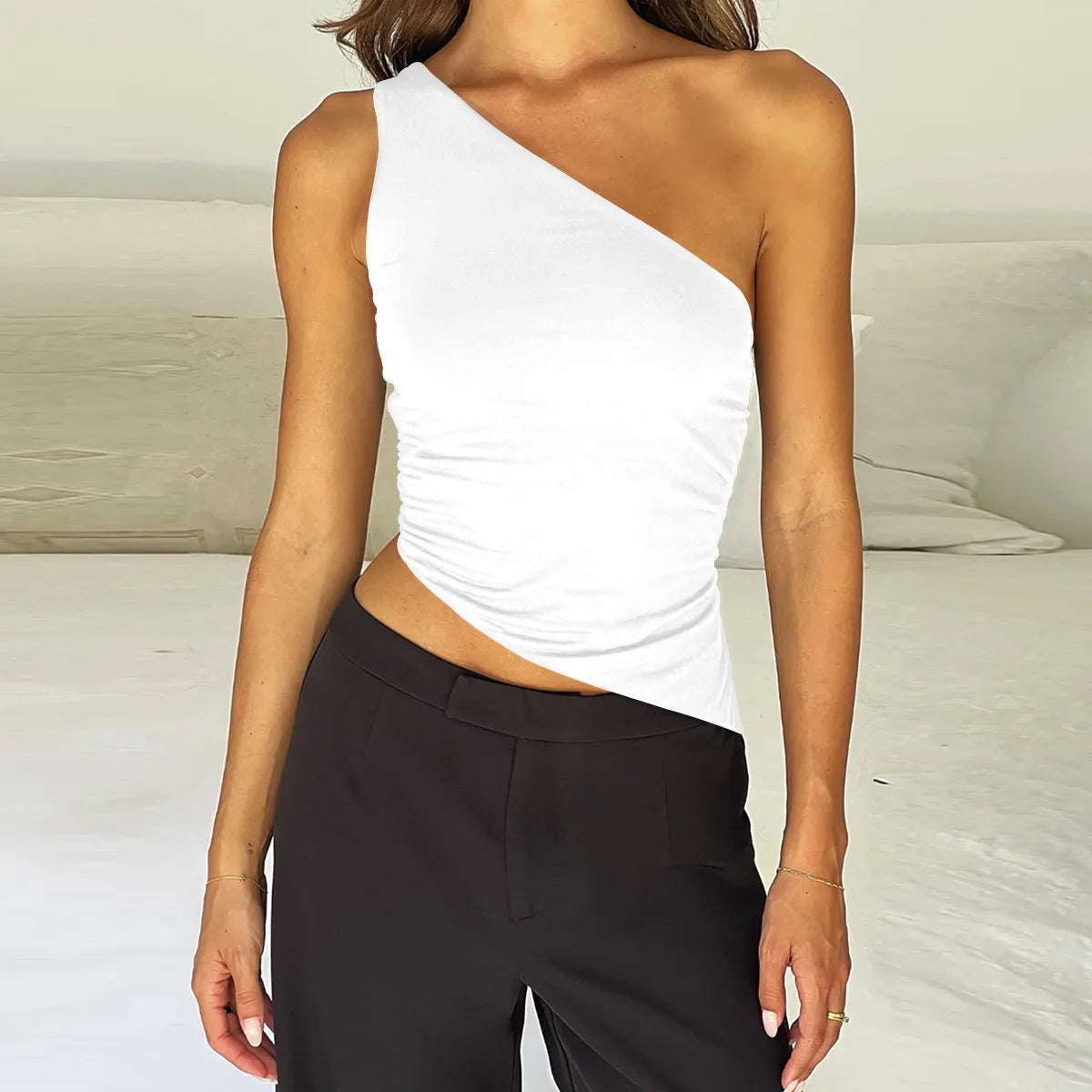 Sexy Skew Collar Off Shoulder Cross Bandage Backless Slim T Shirt Women Sleeveless Bottoming Shirt Ladies Tee Shirt Tops Mujer