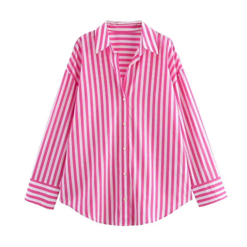 Striped Collar Shirt Oversized Single Long Sleeve Shirt Casual Stylish Loose Chic Button Shirt Spring Womens Versatile Top