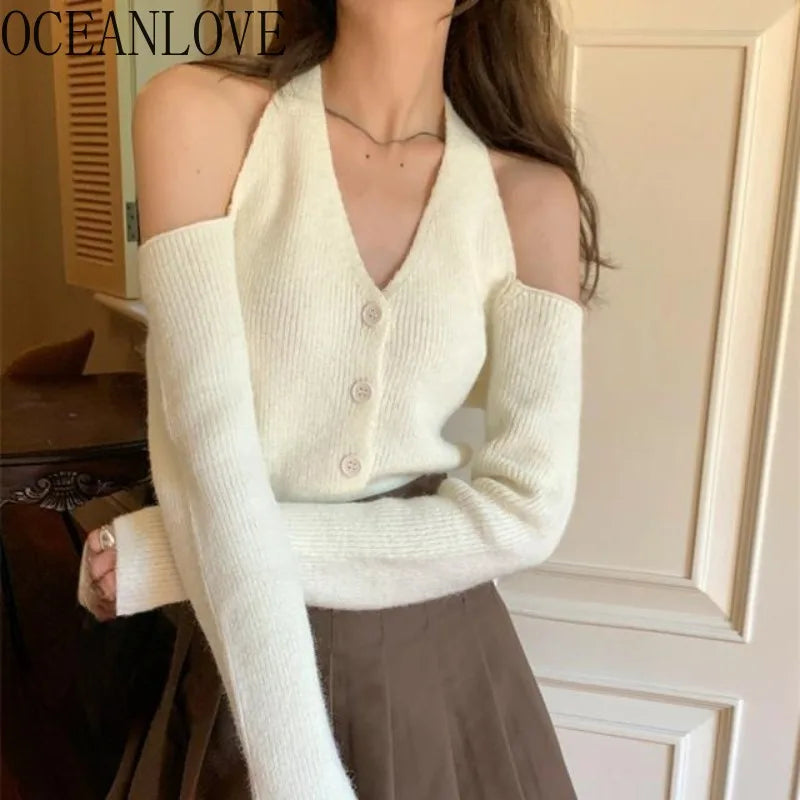 OCEANLOVE Short Cardigans Solid Halter Single Breasted Autumn Winter Woman Sweaters V Neck Y2k Sexy Korean Fashion Sueter Mujer