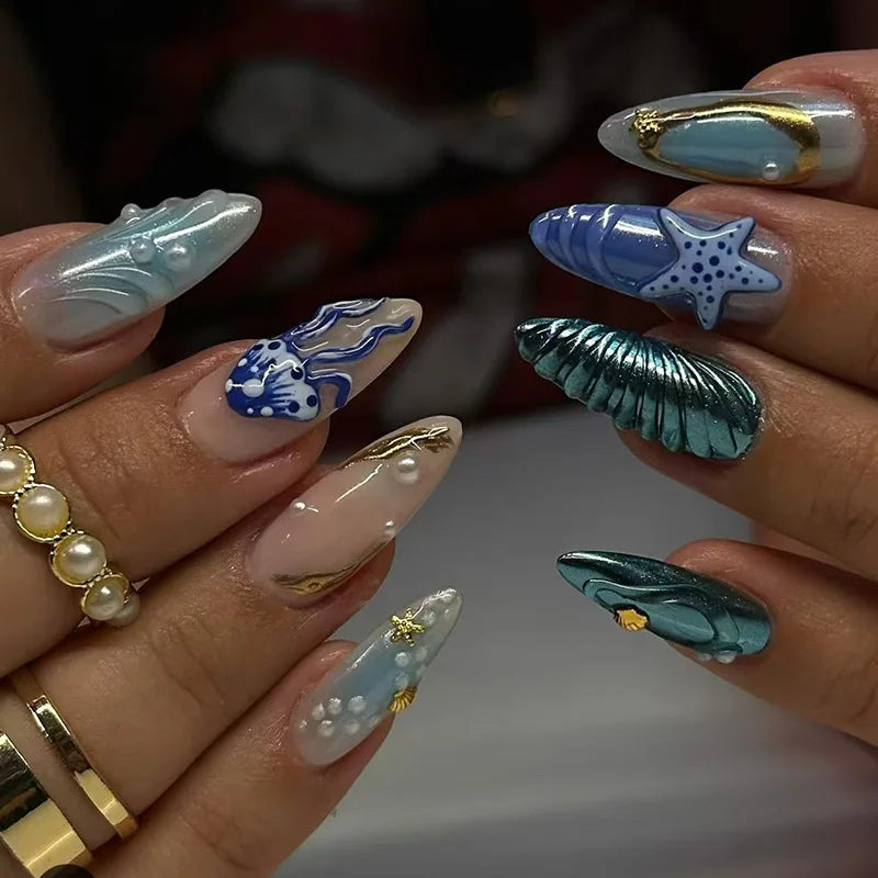 30Pcs False Nails Summer Ocean Style with Cool 3D French Tips High-Quality Press-On Nails Perfect As A Gift for Girls and Friend