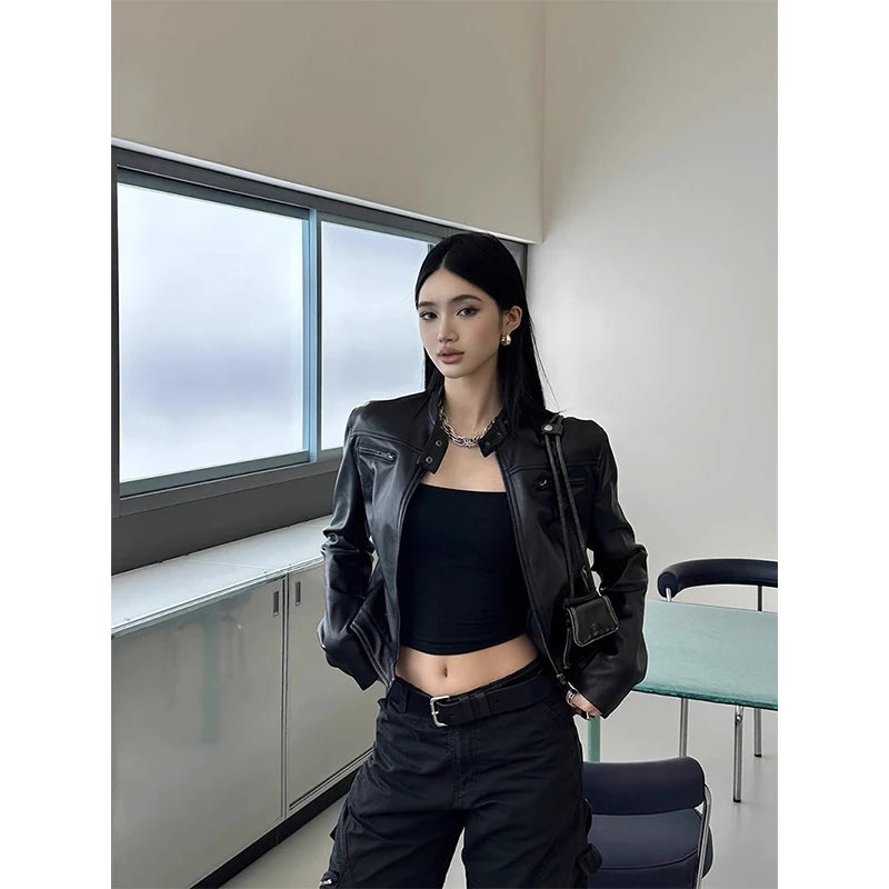 Vintage Pu Leather Jacket Women Streetwear Cropped Black Motorcycle Coats Fall Winter Y2K Harajuku Long Sleeve Short Outerwears