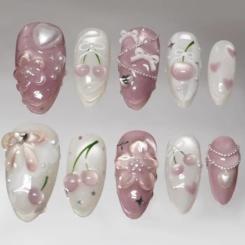 Almond 3D Flower Gradient Pearl Press-On Nails