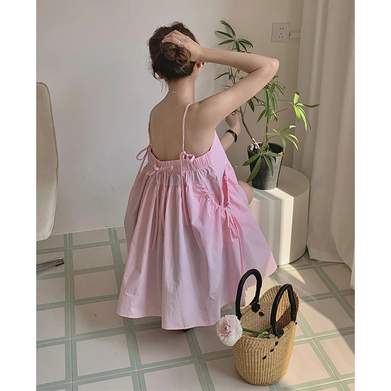 Matakawa Spring Summer Women Dresses Solid Pockets Korean Fashion Sweet Vestidos Mujer Vintage Sleeveless  Mini Dress