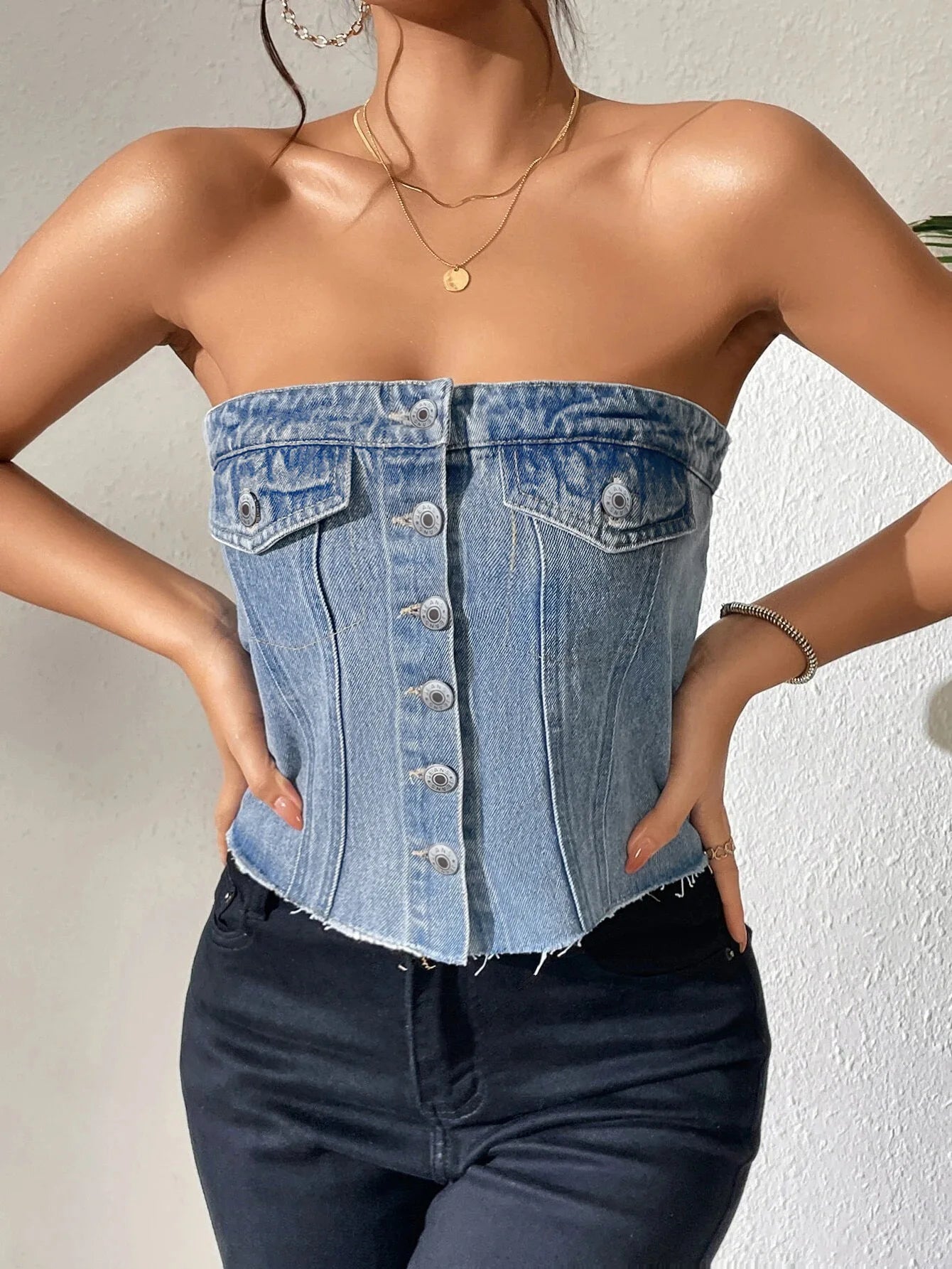 Denim Strapless Top Women Sleeveless Crop Tops Sexy Backless Single Breasted Washed Distressed Streetwear Y2k Camis Tanks Summer