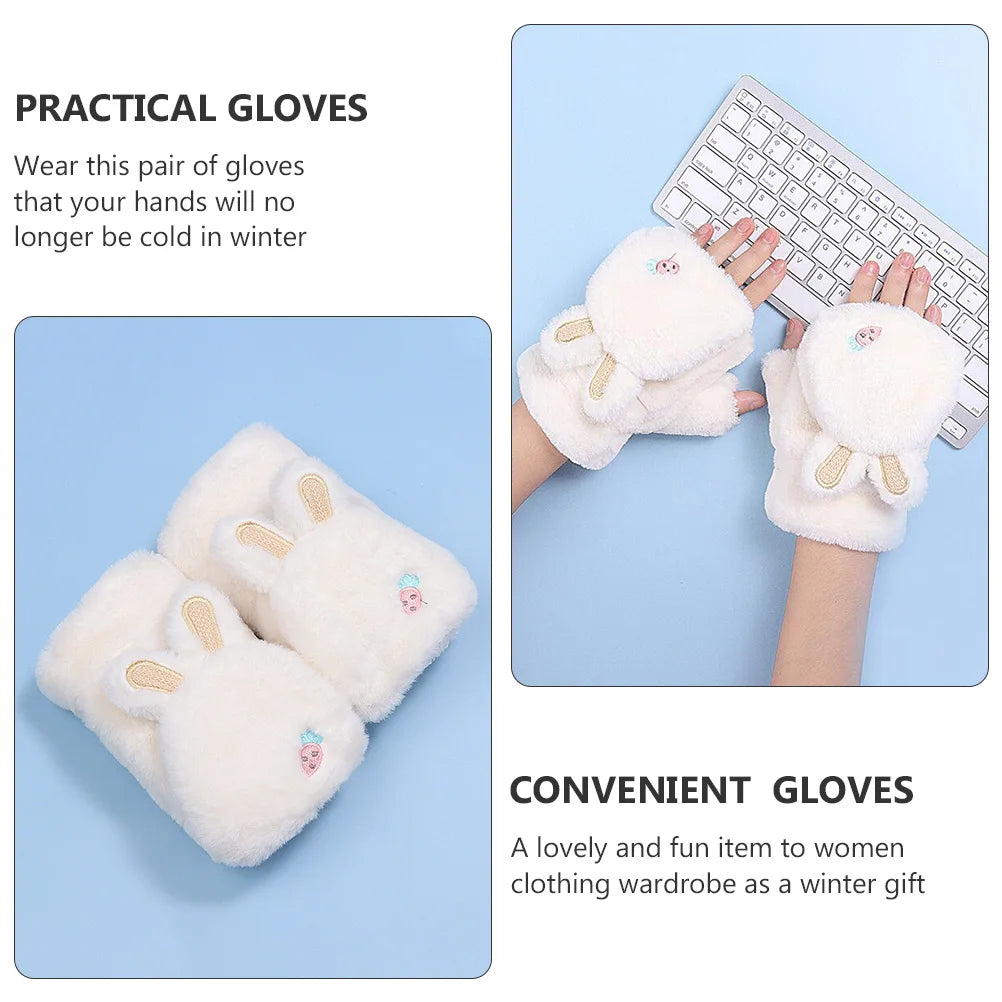 1 Pair Fingerless Winter Gloves Warm Polyester Lined Rabbit Ear Design Hand Protectors For Women Touch Screen Mittens Cycling