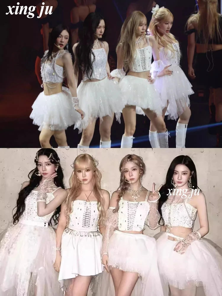New Korean Women Group Jazz Dance White Lace-up Vest Sling Tops Sweet Princess Skirt Kpop DJ Dance Outfits Singer Stage Costume