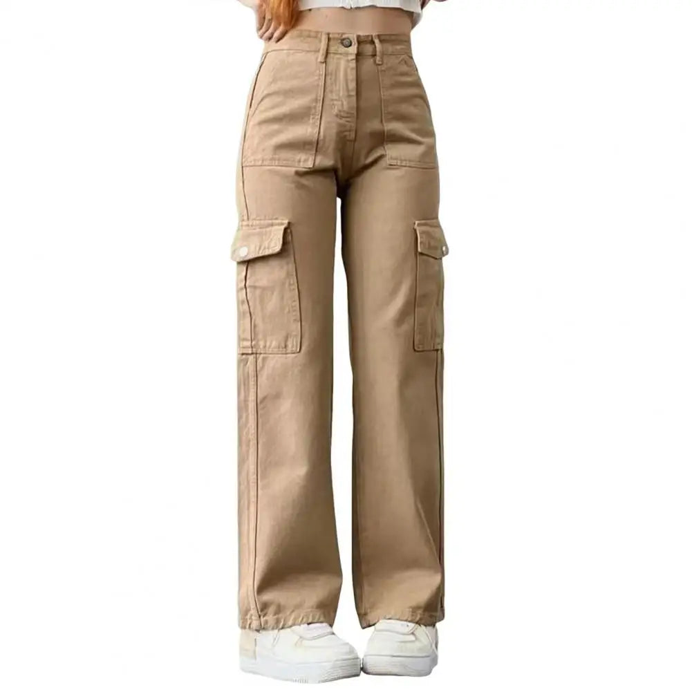 Women Cargo Pants Mid-rise Button Zipper Waist Casual Trousers with Multi Pockets Straight Leg Loose Fit Solid Color Long Pants