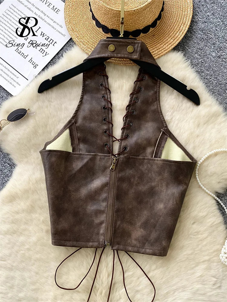 SINGREINY PU Leather Sexy Club Camisole Fashion Hollow Out Lace Up Slim Tank Top Sleeveless Backless Ins Spicy Girl Halter Top