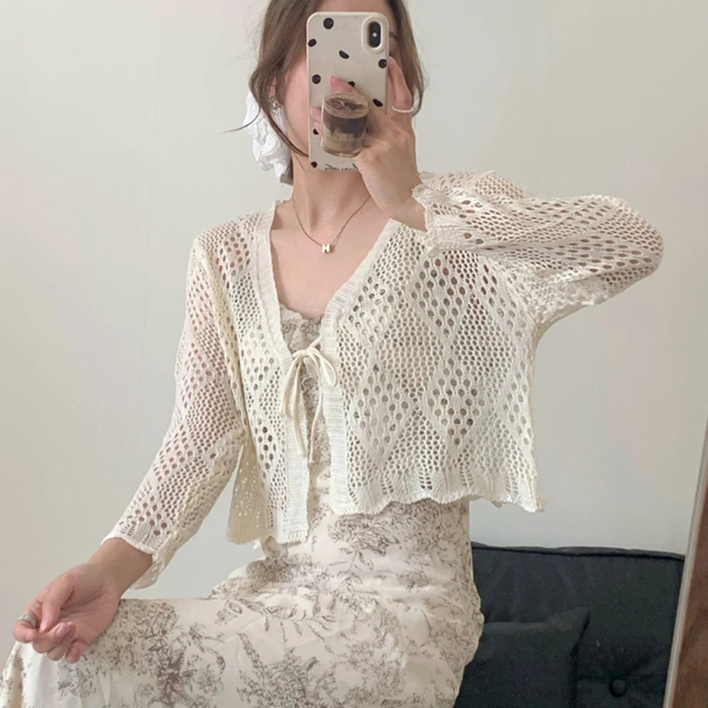 Sheer Pointelle Knit Crop Cardigan with Tie Front Openwork Long Sleeve Short Jacket Top Cover for Women Teen-girl Cute Outfit