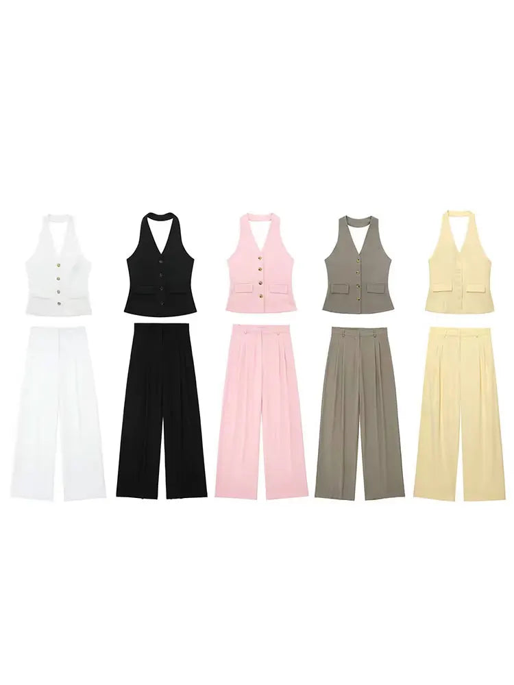 HH 2024 Female Elegant 2 Piece Solid Set High Waist Straight Trousers+Sleeveless Halter Vest Tops Chic Commuting Suit