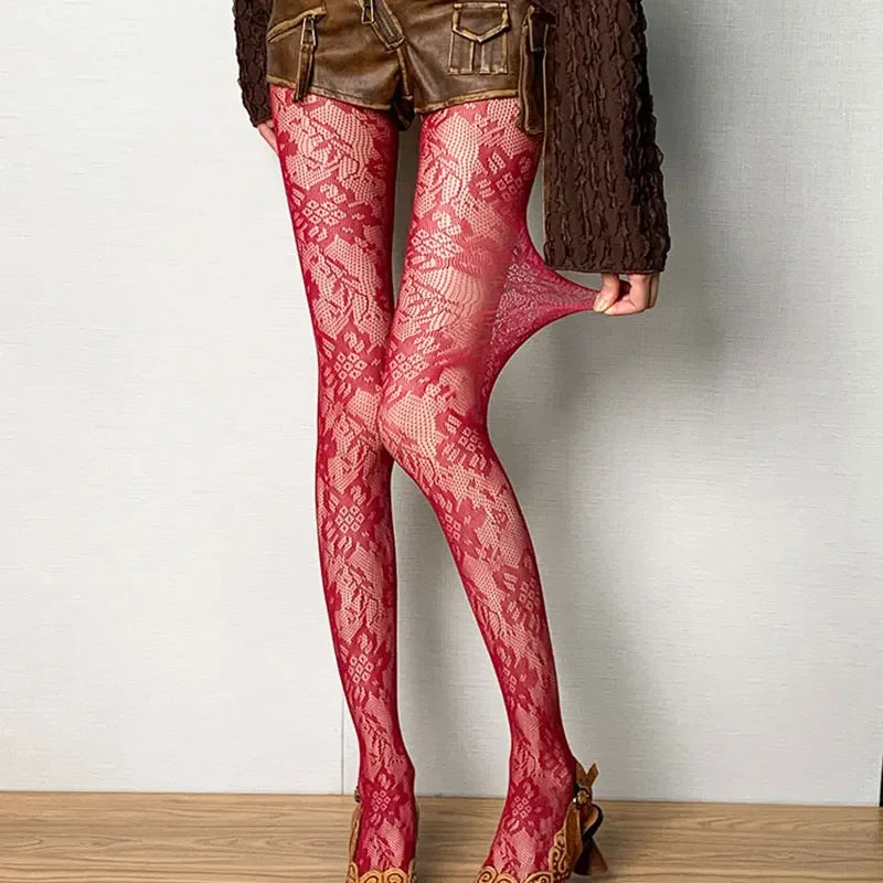 Women Floral Lace Tights Summer Mesh Sexy Hollowed Out Thin and Breathable Retro Punk Y2k Pantyhose Individual Fishnet Stockings