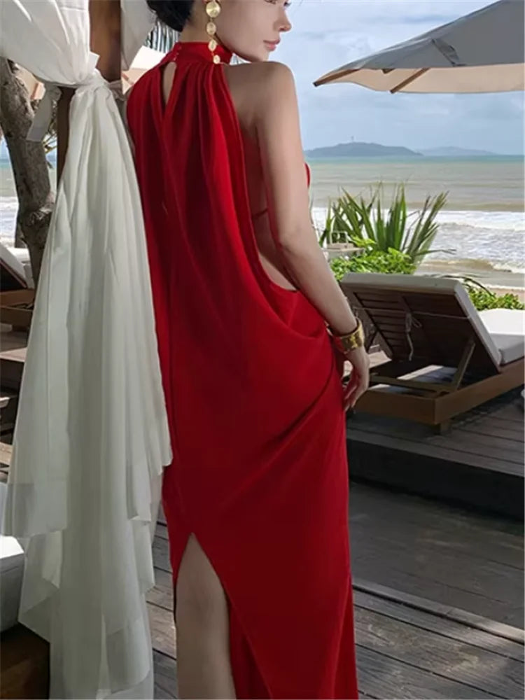 Island Seaside Vacation Sleeveless Open Back Red Long Dress 2026 New Summer Stunning Women Halter Hollow Out Waist Beach Dress