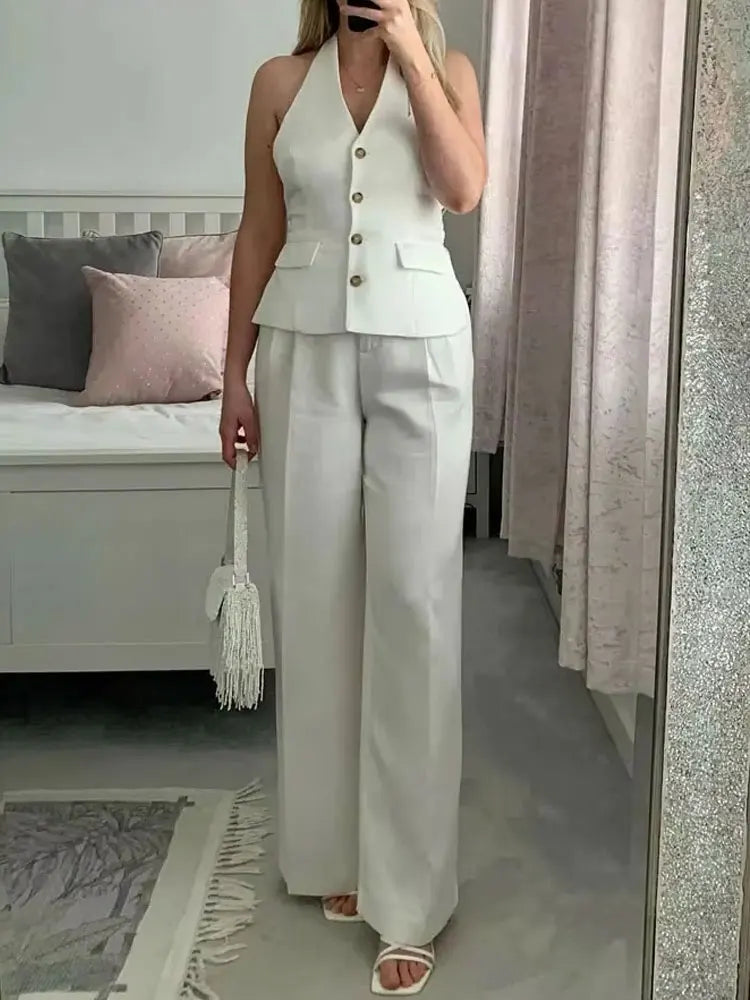 HH 2024 Female Elegant 2 Piece Solid Set High Waist Straight Trousers+Sleeveless Halter Vest Tops Chic Commuting Suit