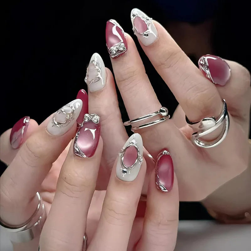 Almond 3D Flower Gradient Pearl Press-On Nails