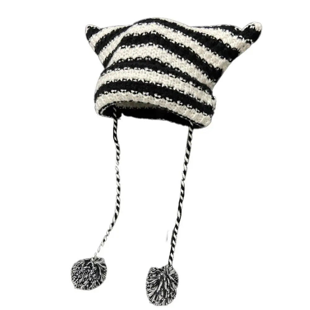 Fshion Y2K Knitting Striped Beanie Hat Cute Wool Hanging Ball Knitted Beanie Hat Cat Ears Pointed Pullover Hats Autumn Winter