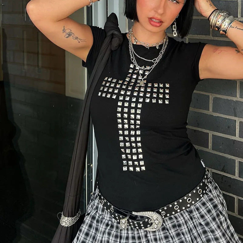 American Dark Gothic Square Rhinestone Cross Pattern O Neck Short Sleeve Tees Summer Hole Openwork Backless Sexy Spicy Girl Tops