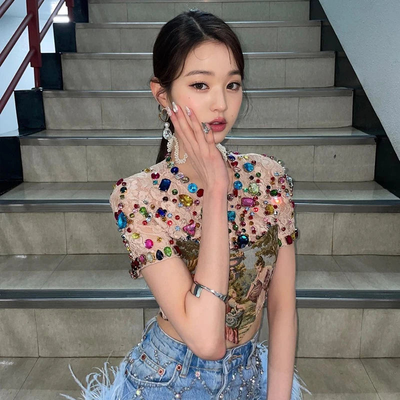 Rhinestone Crop Top & Feather Skirt Set | Inspired by Wonyoung