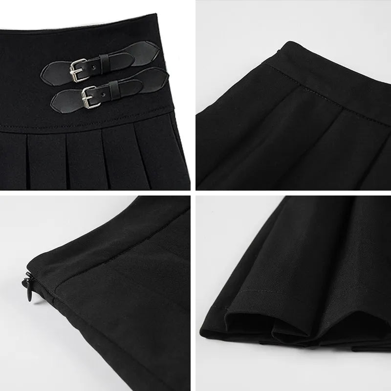 Buckle Pleated Mini Skirt High Waist Short Skirts Women Skort Y2K Black Goth Academia Preppy Style