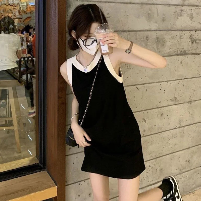 Dresses Women Patchwork Elegant Sleeveless Chic Mini Vintage Loose Korean Style Summer Simple Temperament Office Ladies Fashion