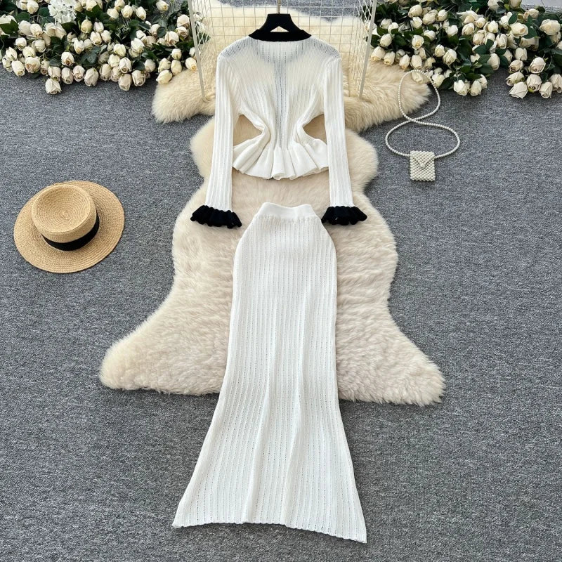 Elegant Colorblock Knitted 2 Piece Sets Women Outfit Spring Clothes Women Long Sleeve Top Mermaid Skirt Suit OL Style Dress Sets