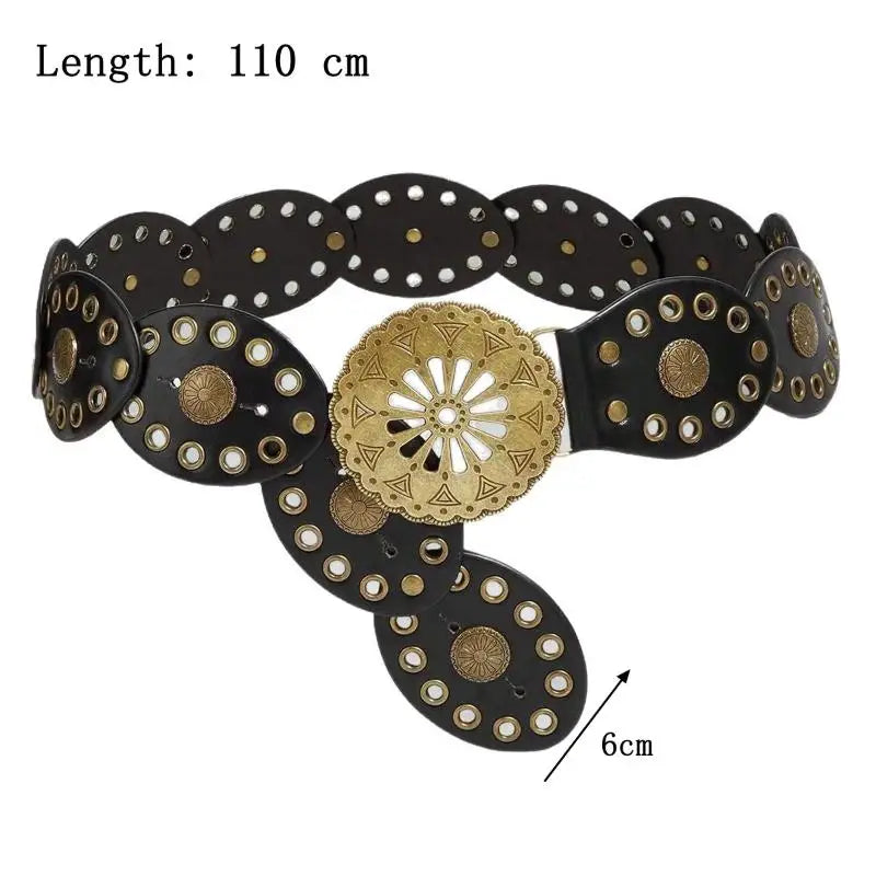 New Ladies Bohemian Western Cowboy Punk Style Belt Fashion Accessory Hollow Out Flower Buckle Oval Splicing Design