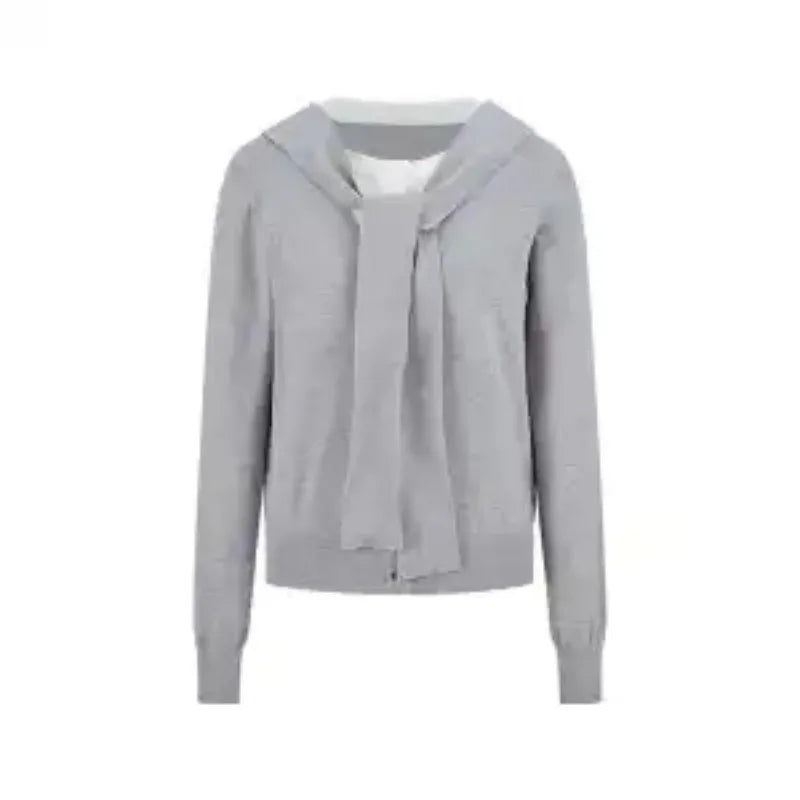 Women Korean Contrast Fake Two Piece Knit Top Autumn Tie Sailor Collar Long Sleeve Sweater