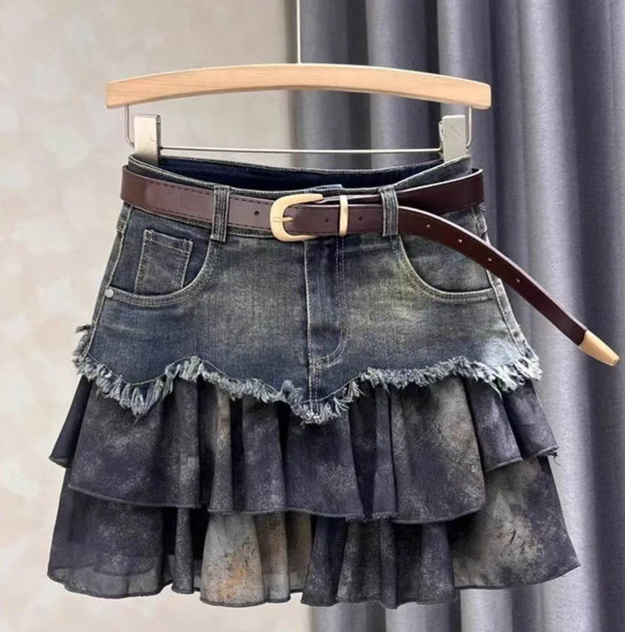 Ladies Skirts Summer New Personalized Spicy Girl Spliced High Waisted Denim A-Line Raw Edge Pleated Short Skirt Women's Clothing
