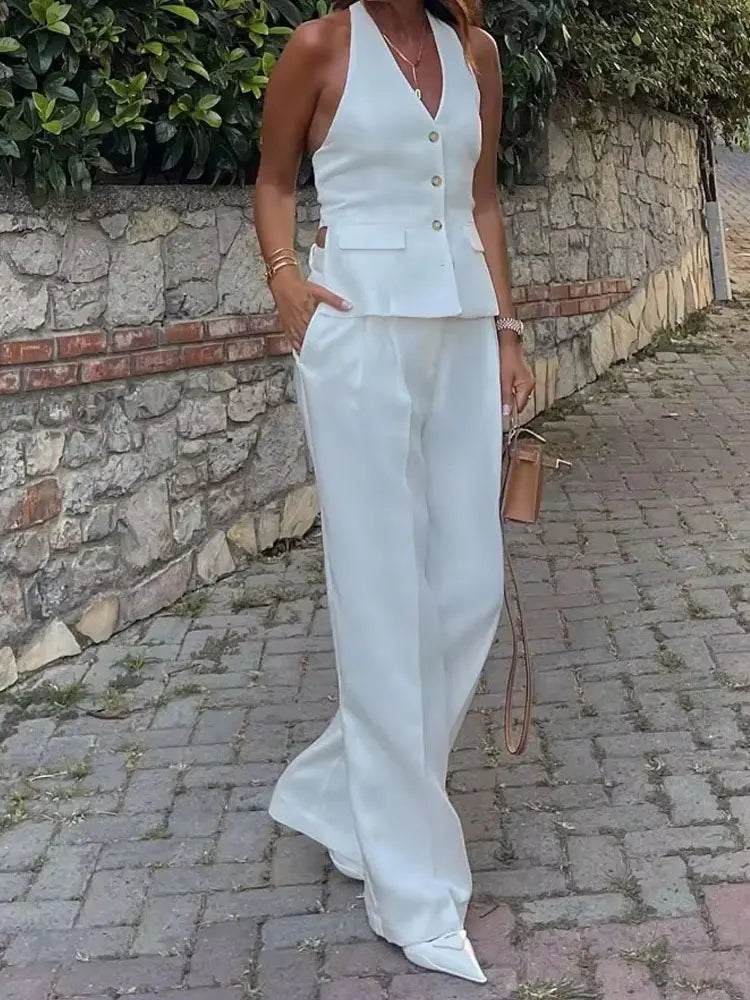 HH 2024 Female Elegant 2 Piece Solid Set High Waist Straight Trousers+Sleeveless Halter Vest Tops Chic Commuting Suit