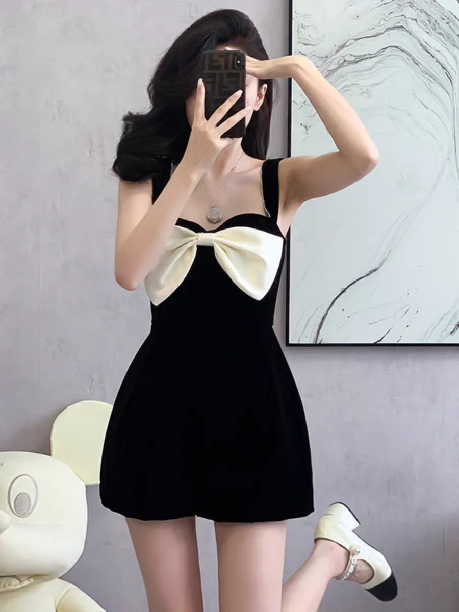 2026 Summer Jumpsuit for Women Black Bow Tie High Waist Wide Leg Short Romper Elegant Sleeveless Casual Sets