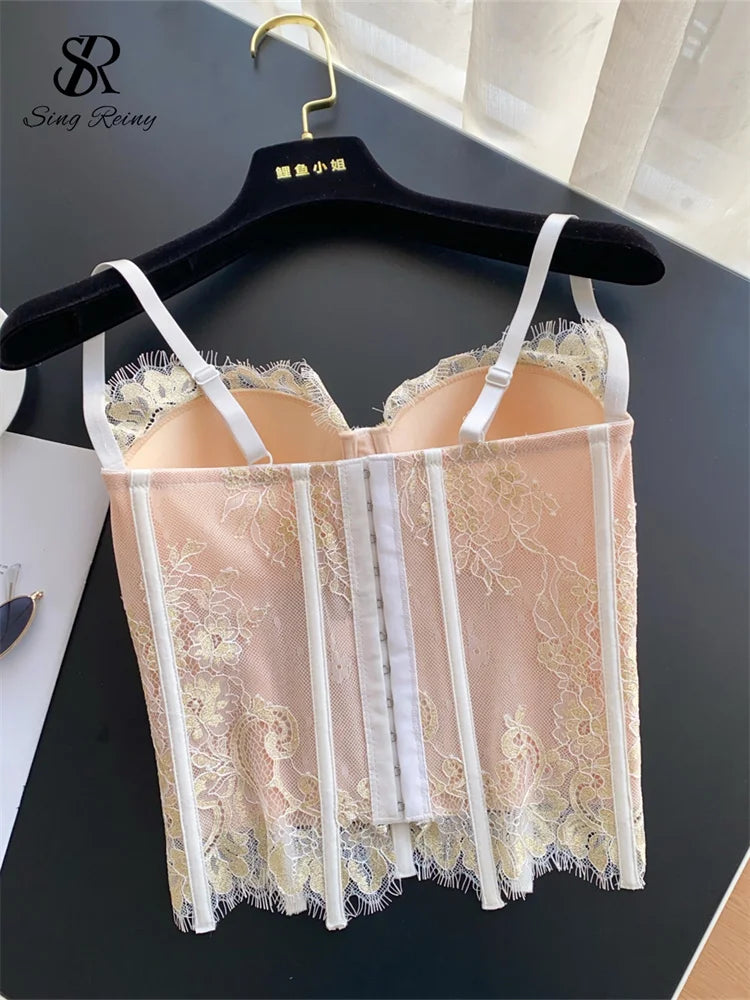 SINGREINY Vintage French Style Sensual Camisole Fashion Outwear Sheath Camis Women Embroidery Retro Sheath Backless Lace Camis