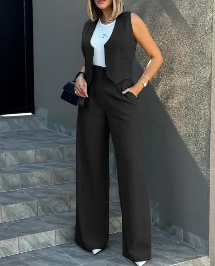 Women's Casual Waistcoat Wide Leg Pants Suit Elegant Sleeveless Vest Trousers 2 Pieces Set Solid Color Commuter Lady  Pants Set
