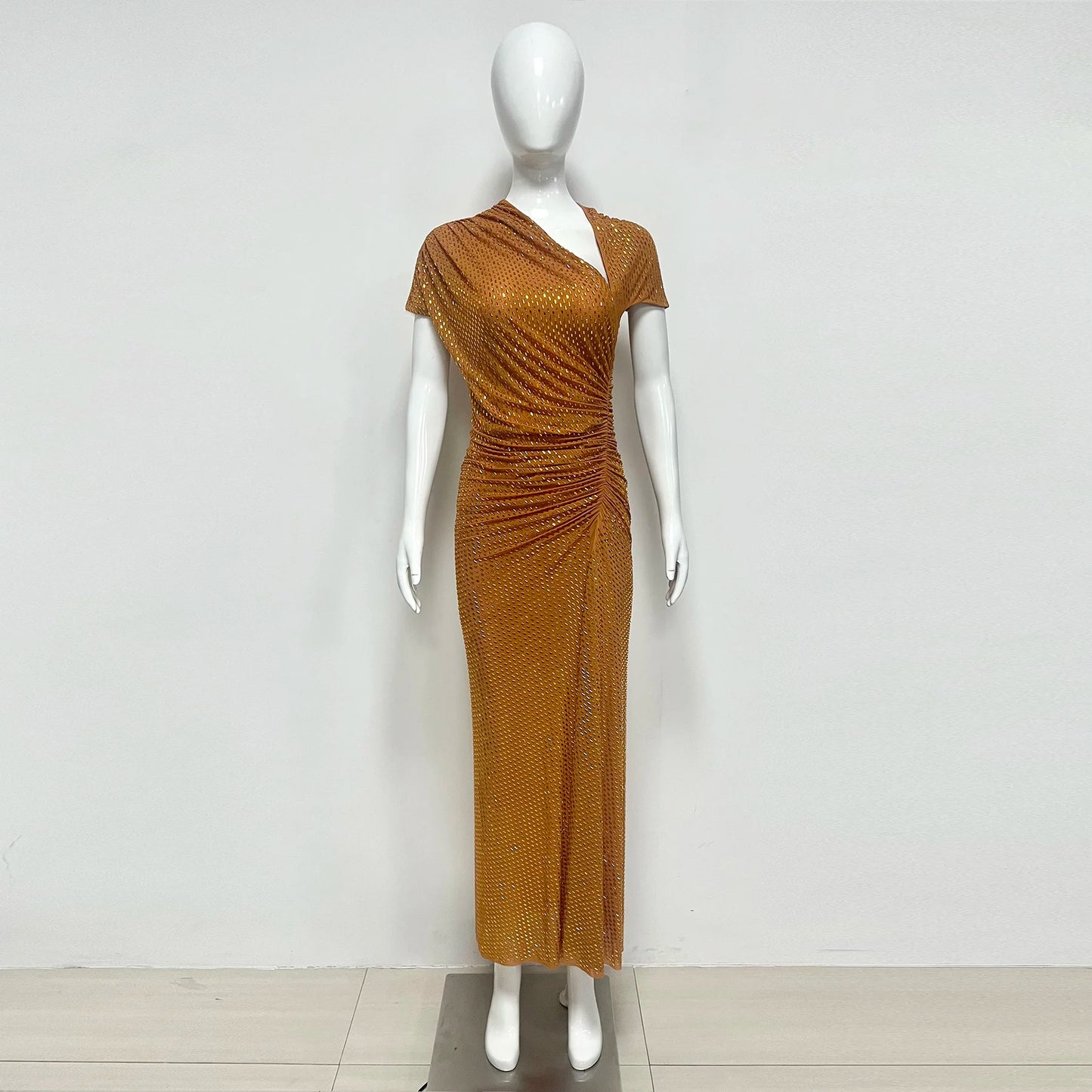 Short Sleeve Slim Fit Sequined Pleated Sheath Mid-Calf Evening Party Dress | Inspired by Beren Saat