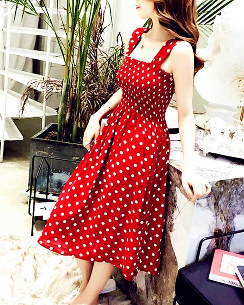 Summer Befree Beach Long Vintage Dots Casual Ruffles Elegant Party Maxi Strap Camis Silky Dress Vestidos Sexy Dresses Women