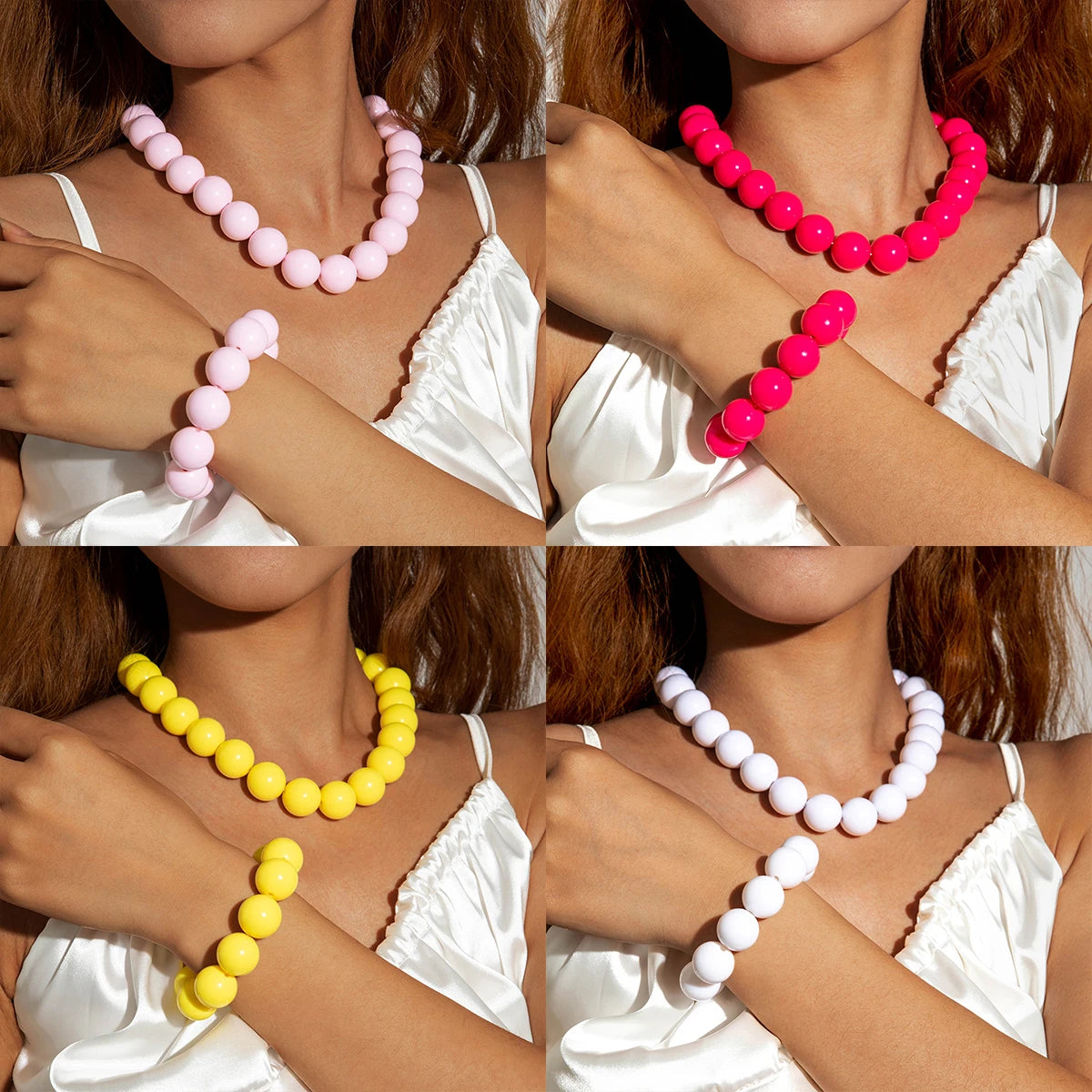 Docona Fashion Colorful Resin Big Beads Necklace Bracelet Set for Women Personality Originality Holiday Jewelry Accessories Gift